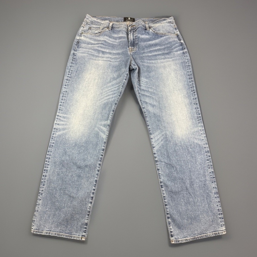 7 For All Mankind Men's Slim Straight Jeans - Light Wash Blue with Fading